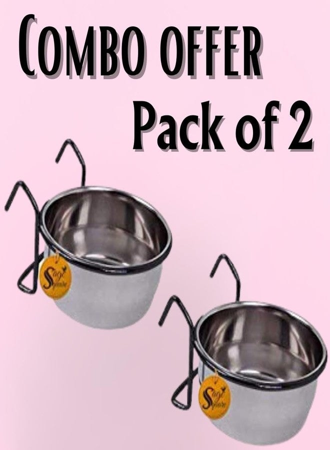 Sage Square Rustproof Stainless Steel Cage Food, Seed, Water Feeder Cum Bowl with Holder clamp for Birds (250ml) (Set of 2) - Image 3